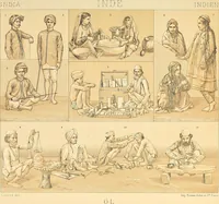 An illustration from Le costume historique. Cinq cents planches, trois cents en couleurs, or et argent, deux cents en camaieu. Types principaux du vêtement et de la parure, rapprochés de ceux de l'intérieur de l'habitation dans tous les temps et chez tous les peuples, avec de nombreux détails sur le mobilier, les armes, les objets usuels, les moyens de transport, etc (1888)