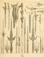 An illustration from Le costume historique. Cinq cents planches, trois cents en couleurs, or et argent, deux cents en camaieu. Types principaux du vêtement et de la parure, rapprochés de ceux de l'intérieur de l'habitation dans tous les temps et chez tous les peuples, avec de nombreux détails sur le mobilier, les armes, les objets usuels, les moyens de transport, etc (1888)