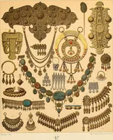 An illustration from Le costume historique. Cinq cents planches, trois cents en couleurs, or et argent, deux cents en camaieu. Types principaux du vêtement et de la parure, rapprochés de ceux de l'intérieur de l'habitation dans tous les temps et chez tous les peuples, avec de nombreux détails sur le mobilier, les armes, les objets usuels, les moyens de transport, etc (1888)