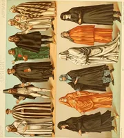 An illustration from Le costume historique. Cinq cents planches, trois cents en couleurs, or et argent, deux cents en camaieu. Types principaux du vêtement et de la parure, rapprochés de ceux de l'intérieur de l'habitation dans tous les temps et chez tous les peuples, avec de nombreux détails sur le mobilier, les armes, les objets usuels, les moyens de transport, etc (1888)