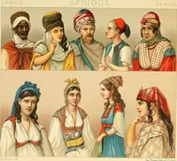 An illustration from Le costume historique. Cinq cents planches, trois cents en couleurs, or et argent, deux cents en camaieu. Types principaux du vêtement et de la parure, rapprochés de ceux de l'intérieur de l'habitation dans tous les temps et chez tous les peuples, avec de nombreux détails sur le mobilier, les armes, les objets usuels, les moyens de transport, etc (1888)