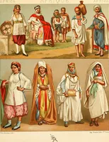 An illustration from Le costume historique. Cinq cents planches, trois cents en couleurs, or et argent, deux cents en camaieu. Types principaux du vêtement et de la parure, rapprochés de ceux de l'intérieur de l'habitation dans tous les temps et chez tous les peuples, avec de nombreux détails sur le mobilier, les armes, les objets usuels, les moyens de transport, etc (1888)