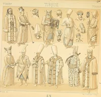 An illustration from Le costume historique. Cinq cents planches, trois cents en couleurs, or et argent, deux cents en camaieu. Types principaux du vêtement et de la parure, rapprochés de ceux de l'intérieur de l'habitation dans tous les temps et chez tous les peuples, avec de nombreux détails sur le mobilier, les armes, les objets usuels, les moyens de transport, etc (1888)