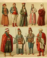 An illustration from Le costume historique. Cinq cents planches, trois cents en couleurs, or et argent, deux cents en camaieu. Types principaux du vêtement et de la parure, rapprochés de ceux de l'intérieur de l'habitation dans tous les temps et chez tous les peuples, avec de nombreux détails sur le mobilier, les armes, les objets usuels, les moyens de transport, etc (1888)