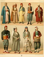 An illustration from Le costume historique. Cinq cents planches, trois cents en couleurs, or et argent, deux cents en camaieu. Types principaux du vêtement et de la parure, rapprochés de ceux de l'intérieur de l'habitation dans tous les temps et chez tous les peuples, avec de nombreux détails sur le mobilier, les armes, les objets usuels, les moyens de transport, etc (1888)
