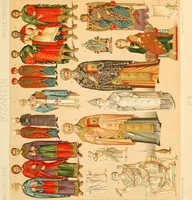 Picture 85 of 105 from Le costume historique. Cinq cents planches, trois cents en couleurs, or et argent, deux cents en camaieu. Types principaux du vêtement et de la parure, rapprochés de ceux de l'intérieur de l'habitation dans tous les temps et chez tous les peuples, avec de nombreux détails sur le mobilier, les armes, les objets usuels, les moyens de transport, etc (1888), leaf 396