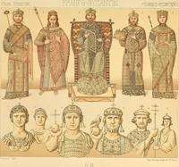 An illustration from Le costume historique. Cinq cents planches, trois cents en couleurs, or et argent, deux cents en camaieu. Types principaux du vêtement et de la parure, rapprochés de ceux de l'intérieur de l'habitation dans tous les temps et chez tous les peuples, avec de nombreux détails sur le mobilier, les armes, les objets usuels, les moyens de transport, etc (1888)