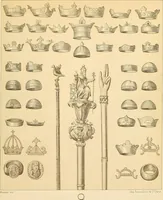 An illustration from Le costume historique. Cinq cents planches, trois cents en couleurs, or et argent, deux cents en camaieu. Types principaux du vêtement et de la parure, rapprochés de ceux de l'intérieur de l'habitation dans tous les temps et chez tous les peuples, avec de nombreux détails sur le mobilier, les armes, les objets usuels, les moyens de transport, etc (1888)