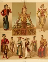 An illustration from Le costume historique. Cinq cents planches, trois cents en couleurs, or et argent, deux cents en camaieu. Types principaux du vêtement et de la parure, rapprochés de ceux de l'intérieur de l'habitation dans tous les temps et chez tous les peuples, avec de nombreux détails sur le mobilier, les armes, les objets usuels, les moyens de transport, etc (1888)