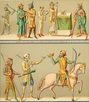 An illustration from Le costume historique. Cinq cents planches, trois cents en couleurs, or et argent, deux cents en camaieu. Types principaux du vêtement et de la parure, rapprochés de ceux de l'intérieur de l'habitation dans tous les temps et chez tous les peuples, avec de nombreux détails sur le mobilier, les armes, les objets usuels, les moyens de transport, etc (1888)