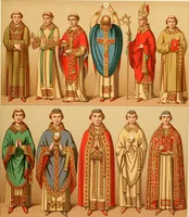 An illustration from Le costume historique. Cinq cents planches, trois cents en couleurs, or et argent, deux cents en camaieu. Types principaux du vêtement et de la parure, rapprochés de ceux de l'intérieur de l'habitation dans tous les temps et chez tous les peuples, avec de nombreux détails sur le mobilier, les armes, les objets usuels, les moyens de transport, etc (1888)