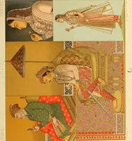 An illustration from Le costume historique. Cinq cents planches, trois cents en couleurs, or et argent, deux cents en camaieu. Types principaux du vêtement et de la parure, rapprochés de ceux de l'intérieur de l'habitation dans tous les temps et chez tous les peuples, avec de nombreux détails sur le mobilier, les armes, les objets usuels, les moyens de transport, etc (1888)