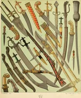 An illustration from Le costume historique. Cinq cents planches, trois cents en couleurs, or et argent, deux cents en camaieu. Types principaux du vêtement et de la parure, rapprochés de ceux de l'intérieur de l'habitation dans tous les temps et chez tous les peuples, avec de nombreux détails sur le mobilier, les armes, les objets usuels, les moyens de transport, etc (1888)
