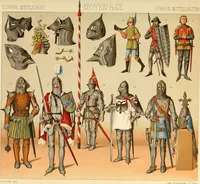 An illustration from Le costume historique. Cinq cents planches, trois cents en couleurs, or et argent, deux cents en camaieu. Types principaux du vêtement et de la parure, rapprochés de ceux de l'intérieur de l'habitation dans tous les temps et chez tous les peuples, avec de nombreux détails sur le mobilier, les armes, les objets usuels, les moyens de transport, etc (1888)