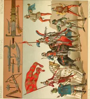 An illustration from Le costume historique. Cinq cents planches, trois cents en couleurs, or et argent, deux cents en camaieu. Types principaux du vêtement et de la parure, rapprochés de ceux de l'intérieur de l'habitation dans tous les temps et chez tous les peuples, avec de nombreux détails sur le mobilier, les armes, les objets usuels, les moyens de transport, etc (1888)