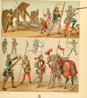 An illustration from Le costume historique. Cinq cents planches, trois cents en couleurs, or et argent, deux cents en camaieu. Types principaux du vêtement et de la parure, rapprochés de ceux de l'intérieur de l'habitation dans tous les temps et chez tous les peuples, avec de nombreux détails sur le mobilier, les armes, les objets usuels, les moyens de transport, etc (1888)