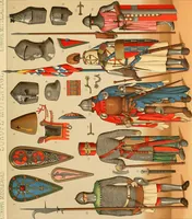 An illustration from Le costume historique. Cinq cents planches, trois cents en couleurs, or et argent, deux cents en camaieu. Types principaux du vêtement et de la parure, rapprochés de ceux de l'intérieur de l'habitation dans tous les temps et chez tous les peuples, avec de nombreux détails sur le mobilier, les armes, les objets usuels, les moyens de transport, etc (1888)