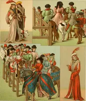 An illustration from Le costume historique. Cinq cents planches, trois cents en couleurs, or et argent, deux cents en camaieu. Types principaux du vêtement et de la parure, rapprochés de ceux de l'intérieur de l'habitation dans tous les temps et chez tous les peuples, avec de nombreux détails sur le mobilier, les armes, les objets usuels, les moyens de transport, etc (1888)