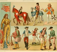 Picture 25 of 106 from Le costume historique. Cinq cents planches, trois cents en couleurs, or et argent, deux cents en camaieu. Types principaux du vêtement et de la parure, rapprochés de ceux de l'intérieur de l'habitation dans tous les temps et chez tous les peuples, avec de nombreux détails sur le mobilier, les armes, les objets usuels, les moyens de transport, etc (1888), leaf 144