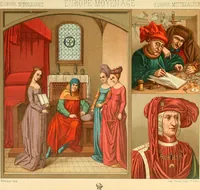 Picture 26 of 106 from Le costume historique. Cinq cents planches, trois cents en couleurs, or et argent, deux cents en camaieu. Types principaux du vêtement et de la parure, rapprochés de ceux de l'intérieur de l'habitation dans tous les temps et chez tous les peuples, avec de nombreux détails sur le mobilier, les armes, les objets usuels, les moyens de transport, etc (1888), leaf 150