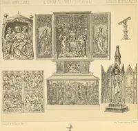 An illustration from Le costume historique. Cinq cents planches, trois cents en couleurs, or et argent, deux cents en camaieu. Types principaux du vêtement et de la parure, rapprochés de ceux de l'intérieur de l'habitation dans tous les temps et chez tous les peuples, avec de nombreux détails sur le mobilier, les armes, les objets usuels, les moyens de transport, etc (1888)