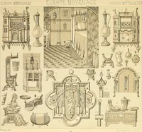 An illustration from Le costume historique. Cinq cents planches, trois cents en couleurs, or et argent, deux cents en camaieu. Types principaux du vêtement et de la parure, rapprochés de ceux de l'intérieur de l'habitation dans tous les temps et chez tous les peuples, avec de nombreux détails sur le mobilier, les armes, les objets usuels, les moyens de transport, etc (1888)