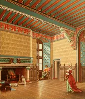 An illustration from Le costume historique. Cinq cents planches, trois cents en couleurs, or et argent, deux cents en camaieu. Types principaux du vêtement et de la parure, rapprochés de ceux de l'intérieur de l'habitation dans tous les temps et chez tous les peuples, avec de nombreux détails sur le mobilier, les armes, les objets usuels, les moyens de transport, etc (1888)