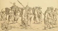 An illustration from Le costume historique. Cinq cents planches, trois cents en couleurs, or et argent, deux cents en camaieu. Types principaux du vêtement et de la parure, rapprochés de ceux de l'intérieur de l'habitation dans tous les temps et chez tous les peuples, avec de nombreux détails sur le mobilier, les armes, les objets usuels, les moyens de transport, etc (1888)