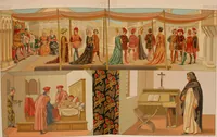An illustration from Le costume historique. Cinq cents planches, trois cents en couleurs, or et argent, deux cents en camaieu. Types principaux du vêtement et de la parure, rapprochés de ceux de l'intérieur de l'habitation dans tous les temps et chez tous les peuples, avec de nombreux détails sur le mobilier, les armes, les objets usuels, les moyens de transport, etc (1888)