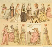 An illustration from Le costume historique. Cinq cents planches, trois cents en couleurs, or et argent, deux cents en camaieu. Types principaux du vêtement et de la parure, rapprochés de ceux de l'intérieur de l'habitation dans tous les temps et chez tous les peuples, avec de nombreux détails sur le mobilier, les armes, les objets usuels, les moyens de transport, etc (1888)