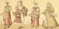 An illustration from Le costume historique. Cinq cents planches, trois cents en couleurs, or et argent, deux cents en camaieu. Types principaux du vêtement et de la parure, rapprochés de ceux de l'intérieur de l'habitation dans tous les temps et chez tous les peuples, avec de nombreux détails sur le mobilier, les armes, les objets usuels, les moyens de transport, etc (1888)