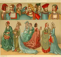 An illustration from Le costume historique. Cinq cents planches, trois cents en couleurs, or et argent, deux cents en camaieu. Types principaux du vêtement et de la parure, rapprochés de ceux de l'intérieur de l'habitation dans tous les temps et chez tous les peuples, avec de nombreux détails sur le mobilier, les armes, les objets usuels, les moyens de transport, etc (1888)