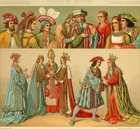 An illustration from Le costume historique. Cinq cents planches, trois cents en couleurs, or et argent, deux cents en camaieu. Types principaux du vêtement et de la parure, rapprochés de ceux de l'intérieur de l'habitation dans tous les temps et chez tous les peuples, avec de nombreux détails sur le mobilier, les armes, les objets usuels, les moyens de transport, etc (1888)