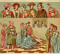 An illustration from Le costume historique. Cinq cents planches, trois cents en couleurs, or et argent, deux cents en camaieu. Types principaux du vêtement et de la parure, rapprochés de ceux de l'intérieur de l'habitation dans tous les temps et chez tous les peuples, avec de nombreux détails sur le mobilier, les armes, les objets usuels, les moyens de transport, etc (1888)