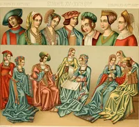 Picture 56 of 106 from Le costume historique. Cinq cents planches, trois cents en couleurs, or et argent, deux cents en camaieu. Types principaux du vêtement et de la parure, rapprochés de ceux de l'intérieur de l'habitation dans tous les temps et chez tous les peuples, avec de nombreux détails sur le mobilier, les armes, les objets usuels, les moyens de transport, etc (1888), leaf 280