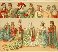 An illustration from Le costume historique. Cinq cents planches, trois cents en couleurs, or et argent, deux cents en camaieu. Types principaux du vêtement et de la parure, rapprochés de ceux de l'intérieur de l'habitation dans tous les temps et chez tous les peuples, avec de nombreux détails sur le mobilier, les armes, les objets usuels, les moyens de transport, etc (1888)