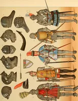 An illustration from Le costume historique. Cinq cents planches, trois cents en couleurs, or et argent, deux cents en camaieu. Types principaux du vêtement et de la parure, rapprochés de ceux de l'intérieur de l'habitation dans tous les temps et chez tous les peuples, avec de nombreux détails sur le mobilier, les armes, les objets usuels, les moyens de transport, etc (1888)