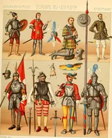 An illustration from Le costume historique. Cinq cents planches, trois cents en couleurs, or et argent, deux cents en camaieu. Types principaux du vêtement et de la parure, rapprochés de ceux de l'intérieur de l'habitation dans tous les temps et chez tous les peuples, avec de nombreux détails sur le mobilier, les armes, les objets usuels, les moyens de transport, etc (1888)