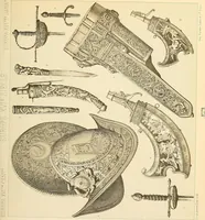 An illustration from Le costume historique. Cinq cents planches, trois cents en couleurs, or et argent, deux cents en camaieu. Types principaux du vêtement et de la parure, rapprochés de ceux de l'intérieur de l'habitation dans tous les temps et chez tous les peuples, avec de nombreux détails sur le mobilier, les armes, les objets usuels, les moyens de transport, etc (1888)