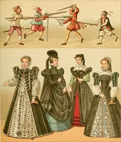 An illustration from Le costume historique. Cinq cents planches, trois cents en couleurs, or et argent, deux cents en camaieu. Types principaux du vêtement et de la parure, rapprochés de ceux de l'intérieur de l'habitation dans tous les temps et chez tous les peuples, avec de nombreux détails sur le mobilier, les armes, les objets usuels, les moyens de transport, etc (1888)