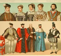 An illustration from Le costume historique. Cinq cents planches, trois cents en couleurs, or et argent, deux cents en camaieu. Types principaux du vêtement et de la parure, rapprochés de ceux de l'intérieur de l'habitation dans tous les temps et chez tous les peuples, avec de nombreux détails sur le mobilier, les armes, les objets usuels, les moyens de transport, etc (1888)