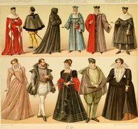 An illustration from Le costume historique. Cinq cents planches, trois cents en couleurs, or et argent, deux cents en camaieu. Types principaux du vêtement et de la parure, rapprochés de ceux de l'intérieur de l'habitation dans tous les temps et chez tous les peuples, avec de nombreux détails sur le mobilier, les armes, les objets usuels, les moyens de transport, etc (1888)