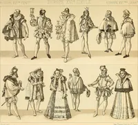 An illustration from Le costume historique. Cinq cents planches, trois cents en couleurs, or et argent, deux cents en camaieu. Types principaux du vêtement et de la parure, rapprochés de ceux de l'intérieur de l'habitation dans tous les temps et chez tous les peuples, avec de nombreux détails sur le mobilier, les armes, les objets usuels, les moyens de transport, etc (1888)
