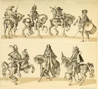 Picture 77 of 106 from Le costume historique. Cinq cents planches, trois cents en couleurs, or et argent, deux cents en camaieu. Types principaux du vêtement et de la parure, rapprochés de ceux de l'intérieur de l'habitation dans tous les temps et chez tous les peuples, avec de nombreux détails sur le mobilier, les armes, les objets usuels, les moyens de transport, etc (1888), leaf 384
