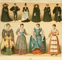An illustration from Le costume historique. Cinq cents planches, trois cents en couleurs, or et argent, deux cents en camaieu. Types principaux du vêtement et de la parure, rapprochés de ceux de l'intérieur de l'habitation dans tous les temps et chez tous les peuples, avec de nombreux détails sur le mobilier, les armes, les objets usuels, les moyens de transport, etc (1888)