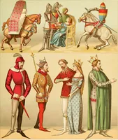 An illustration from Le costume historique. Cinq cents planches, trois cents en couleurs, or et argent, deux cents en camaieu. Types principaux du vêtement et de la parure, rapprochés de ceux de l'intérieur de l'habitation dans tous les temps et chez tous les peuples, avec de nombreux détails sur le mobilier, les armes, les objets usuels, les moyens de transport, etc (1888)