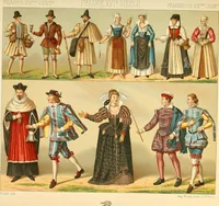 An illustration from Le costume historique. Cinq cents planches, trois cents en couleurs, or et argent, deux cents en camaieu. Types principaux du vêtement et de la parure, rapprochés de ceux de l'intérieur de l'habitation dans tous les temps et chez tous les peuples, avec de nombreux détails sur le mobilier, les armes, les objets usuels, les moyens de transport, etc (1888)