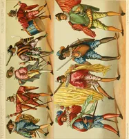 An illustration from Le costume historique. Cinq cents planches, trois cents en couleurs, or et argent, deux cents en camaieu. Types principaux du vêtement et de la parure, rapprochés de ceux de l'intérieur de l'habitation dans tous les temps et chez tous les peuples, avec de nombreux détails sur le mobilier, les armes, les objets usuels, les moyens de transport, etc (1888)