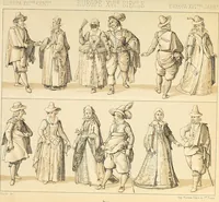 An illustration from Le costume historique. Cinq cents planches, trois cents en couleurs, or et argent, deux cents en camaieu. Types principaux du vêtement et de la parure, rapprochés de ceux de l'intérieur de l'habitation dans tous les temps et chez tous les peuples, avec de nombreux détails sur le mobilier, les armes, les objets usuels, les moyens de transport, etc (1888)