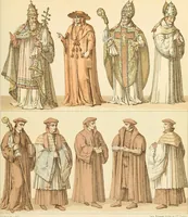 An illustration from Le costume historique. Cinq cents planches, trois cents en couleurs, or et argent, deux cents en camaieu. Types principaux du vêtement et de la parure, rapprochés de ceux de l'intérieur de l'habitation dans tous les temps et chez tous les peuples, avec de nombreux détails sur le mobilier, les armes, les objets usuels, les moyens de transport, etc (1888)